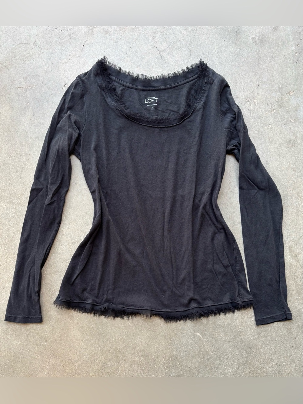 Ann Taylor LOFT Black Frayed Raw Edge Scoop Neck Long Sleeve Top 100% Cotton S